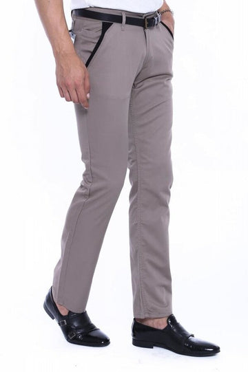 Pantalones Hombre Bolsillos Ribeteados Lisos Slim Fit Beige - Wessi