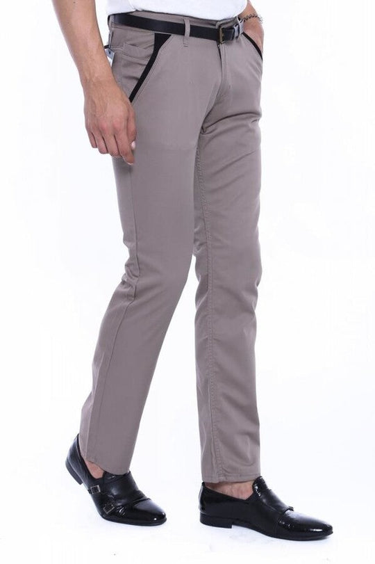 Pantalones Hombre Bolsillos Ribeteados Lisos Slim Fit Beige - Wessi