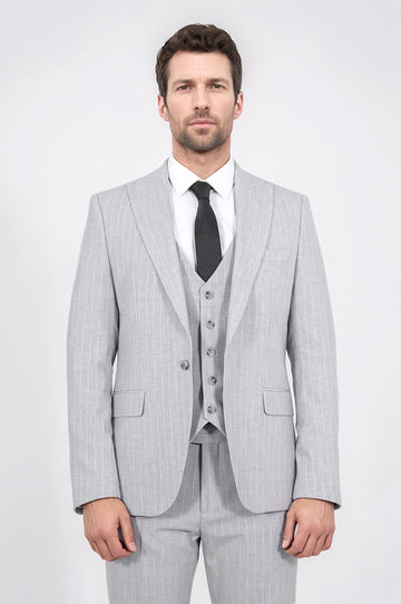 Pinstripe Single Button with Vested Light Grey Mens Suit - Wessi
