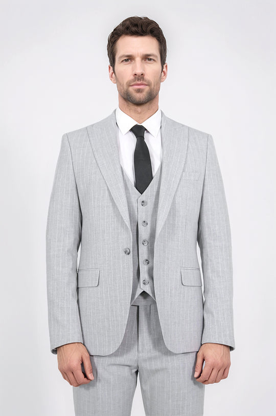 Pinstripe Single Button with Vested Light Grey Mens Suit - Wessi