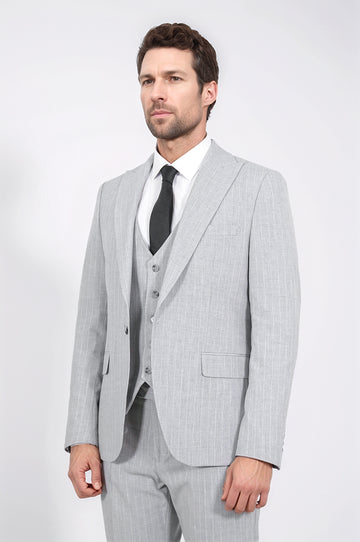 Pinstripe Single Button with Vested Light Grey Mens Suit - Wessi