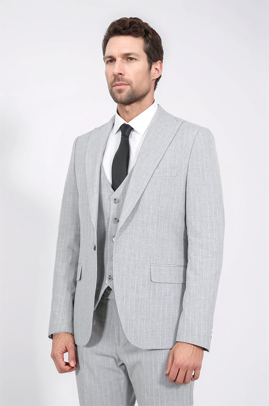 Pinstripe Single Button with Vested Light Grey Mens Suit - Wessi