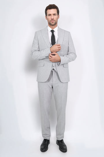 Pinstripe Single Button with Vested Light Grey Mens Suit - Wessi