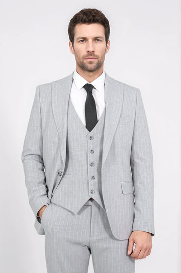 Pinstripe Single Button with Vested Light Grey Mens Suit - Wessi