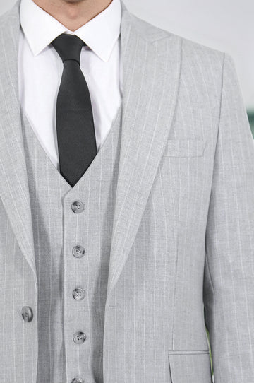 Pinstripe Single Button with Vested Light Grey Mens Suit - Wessi