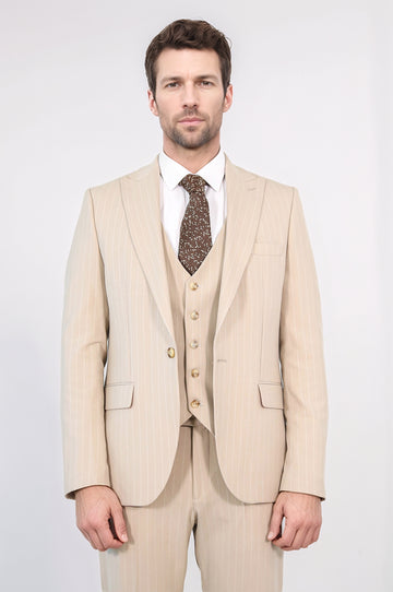 Pinstripe Single Button with Vested Cream Mens Suit - Wessi