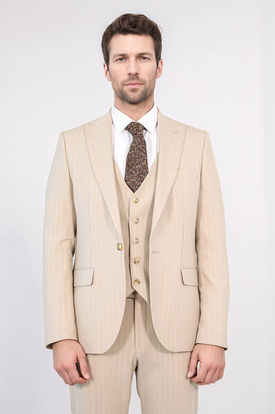 Pinstripe Single Button with Vested Cream Mens Suit - Wessi