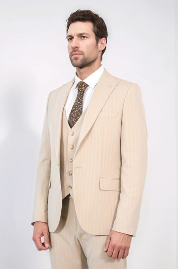 Pinstripe Single Button with Vested Cream Mens Suit - Wessi