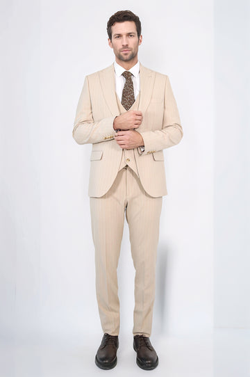 Pinstripe Single Button with Vested Cream Mens Suit - Wessi