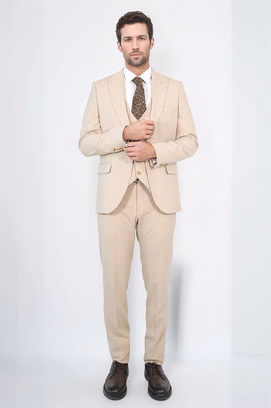 Pinstripe Single Button with Vested Cream Mens Suit - Wessi