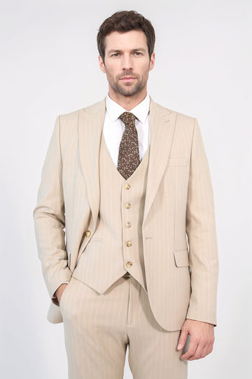Pinstripe Single Button with Vested Cream Mens Suit - Wessi