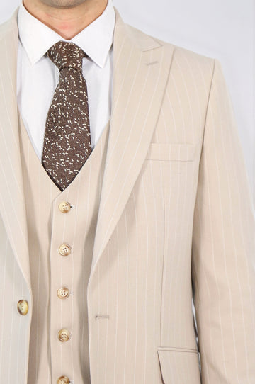 Pinstripe Single Button with Vested Cream Mens Suit - Wessi