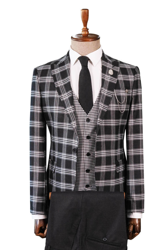 dress shirt vest combo Black Plaid Patterned Vest Suit, White Shirt, and Black Tie Combinatio – Wessi