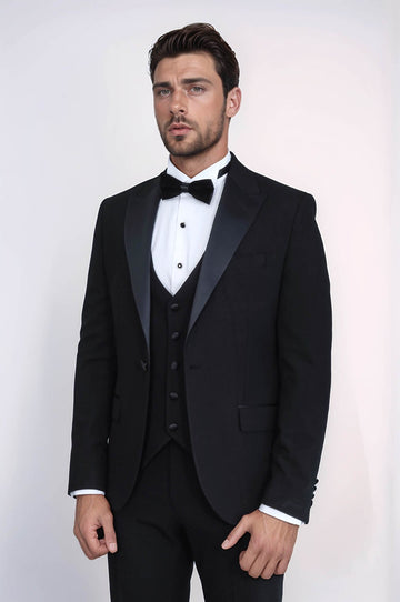 Classic Black Tuxedo Suit with Satin Peak Lapel and Waistcoat – Wessi