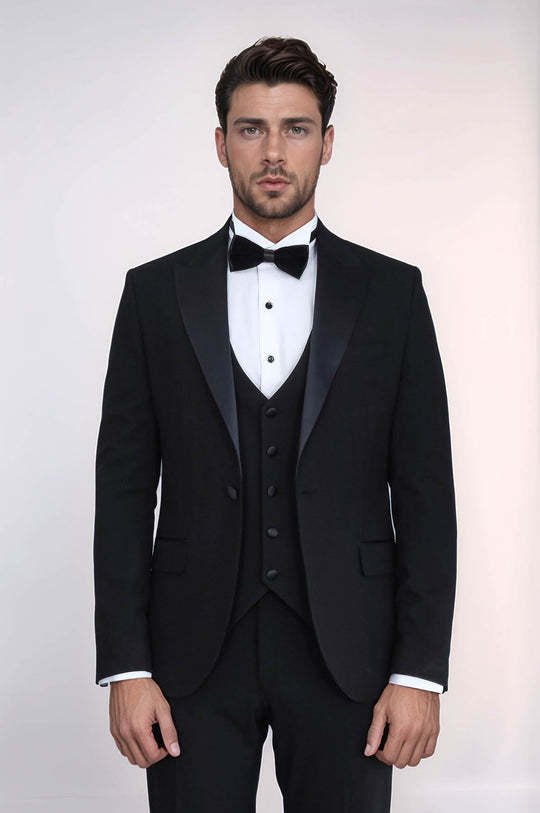 Classic Black Tuxedo Suit with Satin Peak Lapel and Waistcoat – Wessi