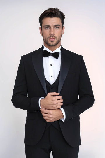 Classic Black Tuxedo Suit with Satin Peak Lapel and Waistcoat – Wessi