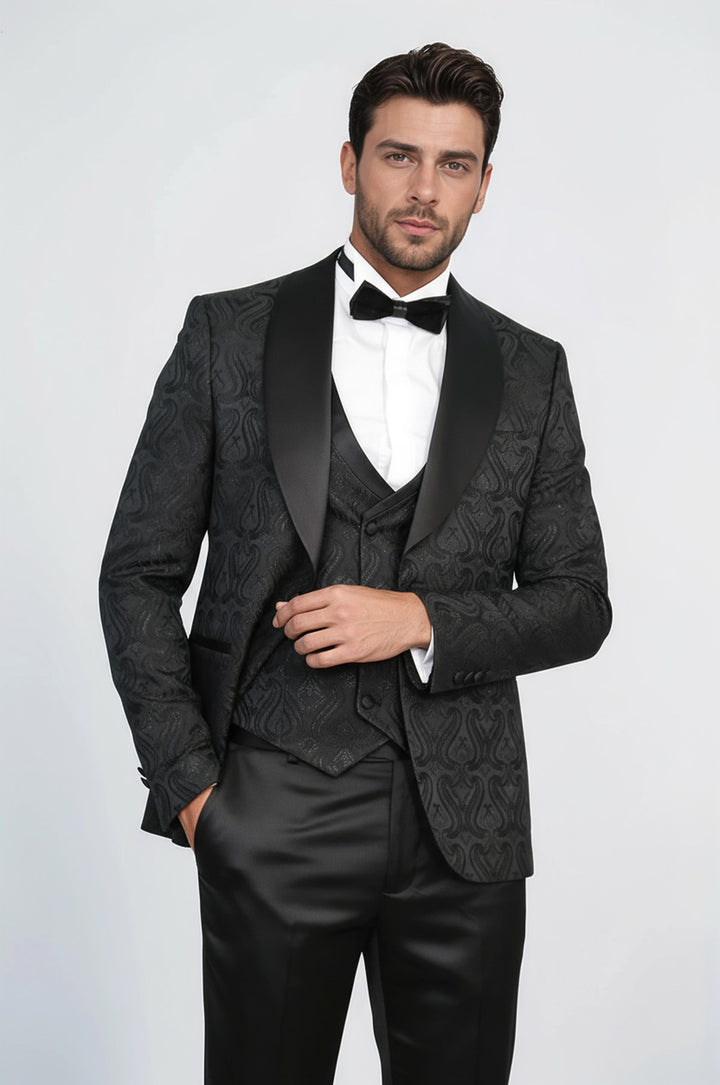 Wavy Patterned Shawl Collar Vested Black Tuxedo - Wessi