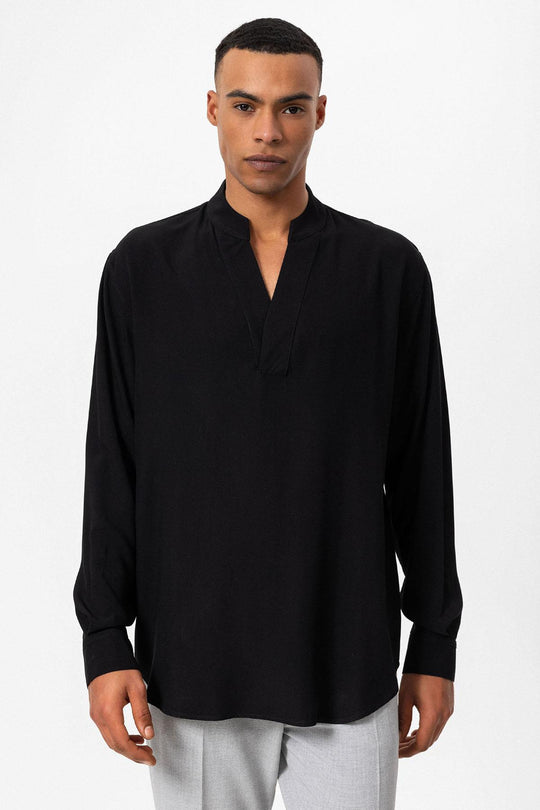 v neck dress shirt Men's Black V-Neck Long Sleeve Shirt - Wessi – Wessi
