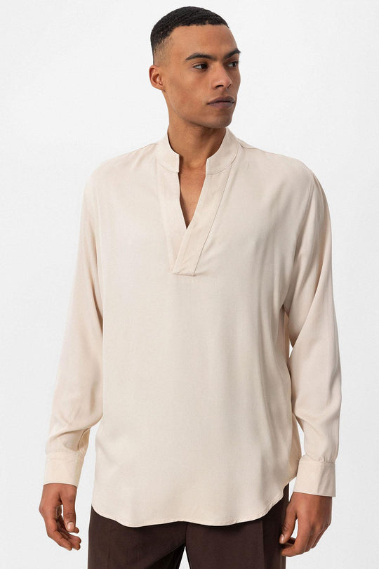 Men's Light Beige V-Neck Long Sleeve Shirt - Wessi – Wessi