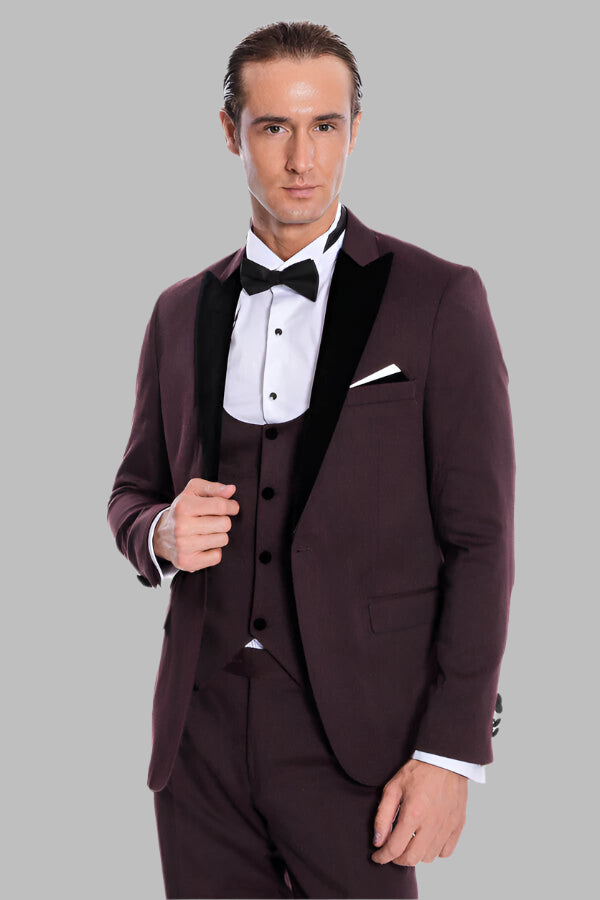 Velvet Lapel Slim Fit Burgundy Men Tuxedo - Wessi