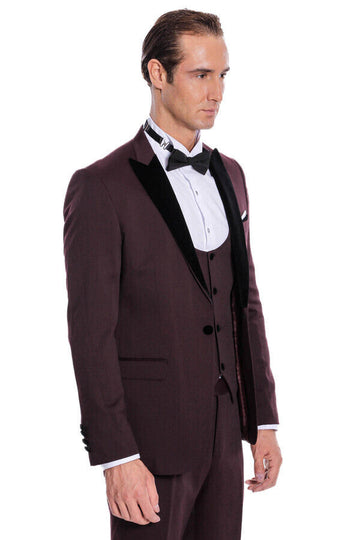 Smoking Homme Bordeaux Coupe Slim à Revers en Velours - Wessi