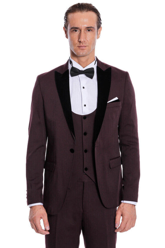 Smoking Homme Bordeaux Coupe Slim à Revers en Velours - Wessi