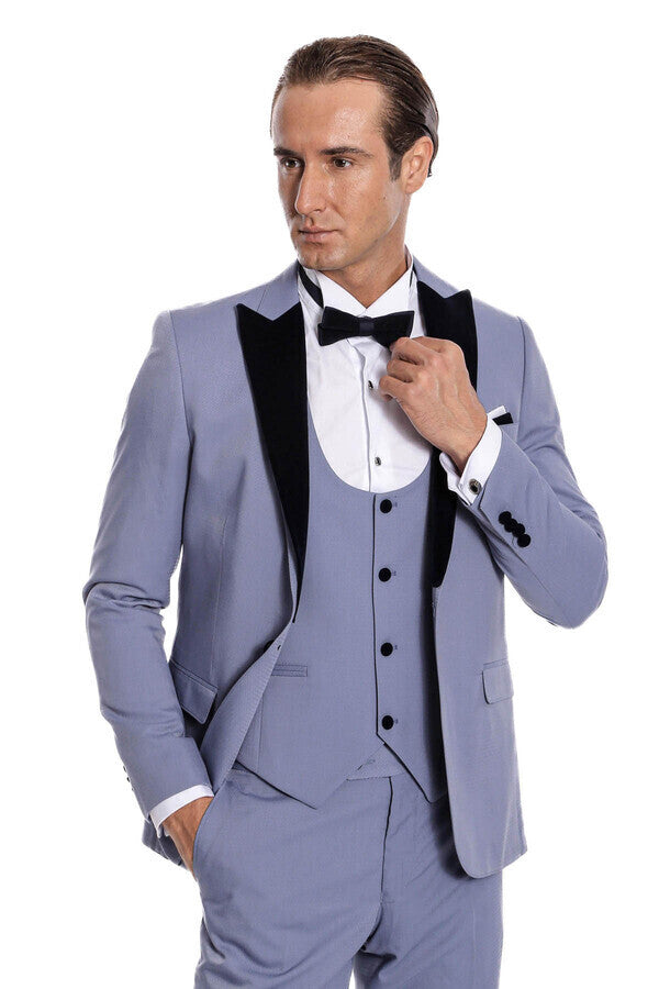 Traje de hombre azul claro slim fit con solapa de terciopelo - Wessi