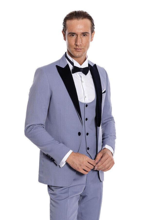 Traje de hombre azul claro slim fit con solapa de terciopelo - Wessi