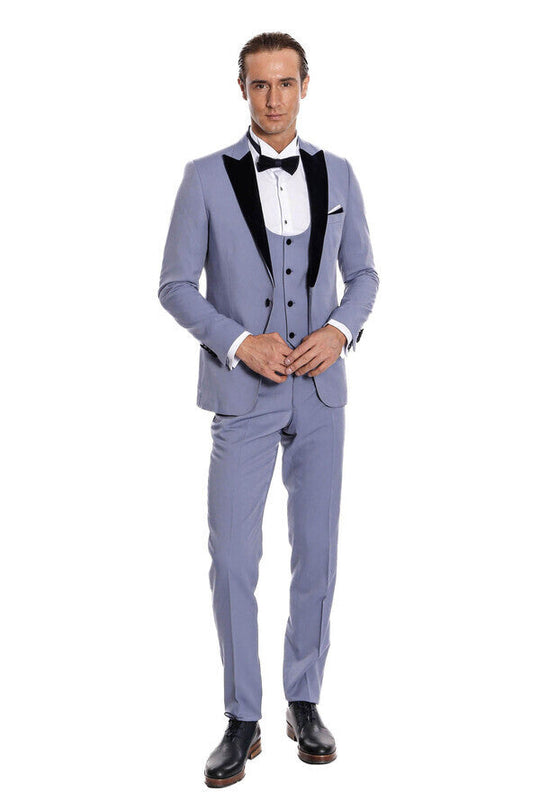 Costume Homme Bleu Clair Coupe Slim à Revers en Velours - Wessi