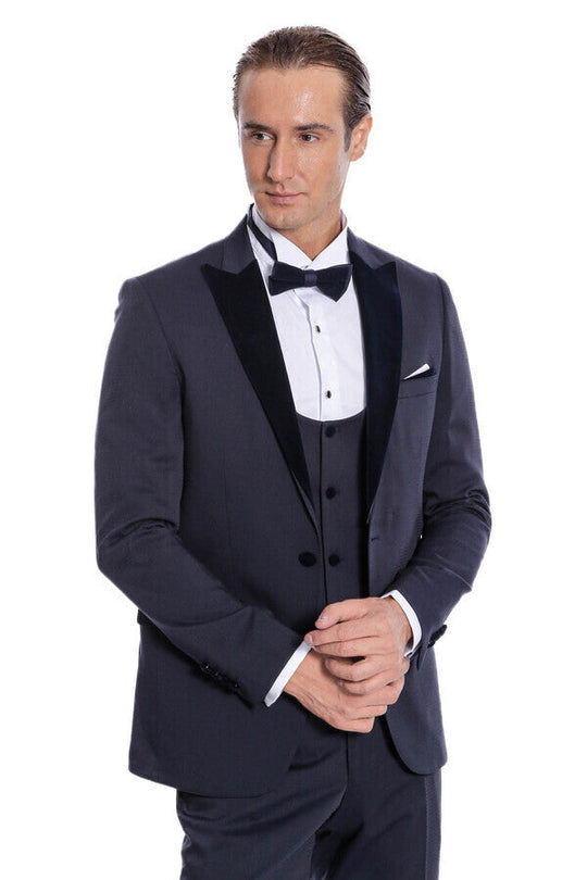 Smoking Homme Bleu Marine Coupe Slim à Revers en Velours - Wessi