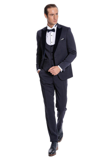 Smoking Homme Bleu Marine Coupe Slim à Revers en Velours - Wessi