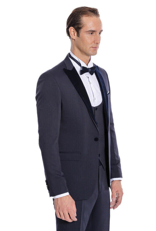 Smoking Homme Bleu Marine Coupe Slim à Revers en Velours - Wessi