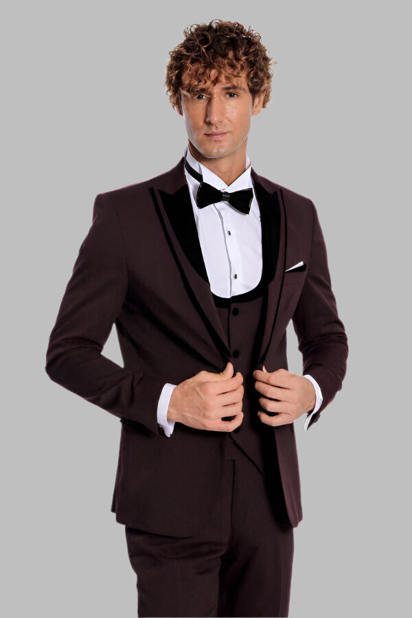 Velvet Lapel Vested Patterned Burgundy Men Tuxedo - Wessi