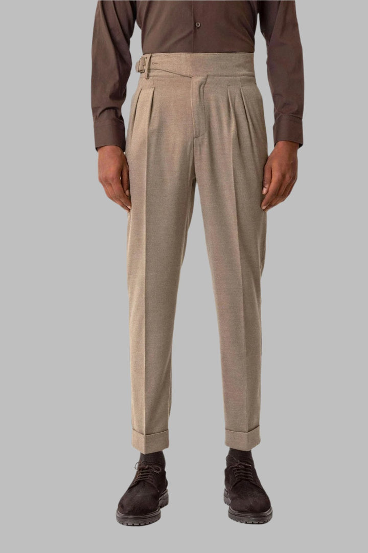 Taupe Pleated Men's Trousers with Buckle Detail - Wessi