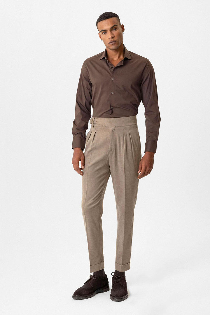 Taupe Pleated Men's Trousers with Buckle Detail - Wessi
