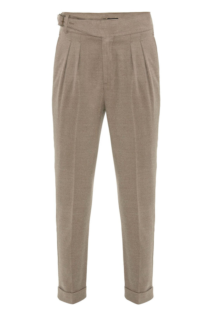 Taupe Pleated Men's Trousers with Buckle Detail - Wessi
