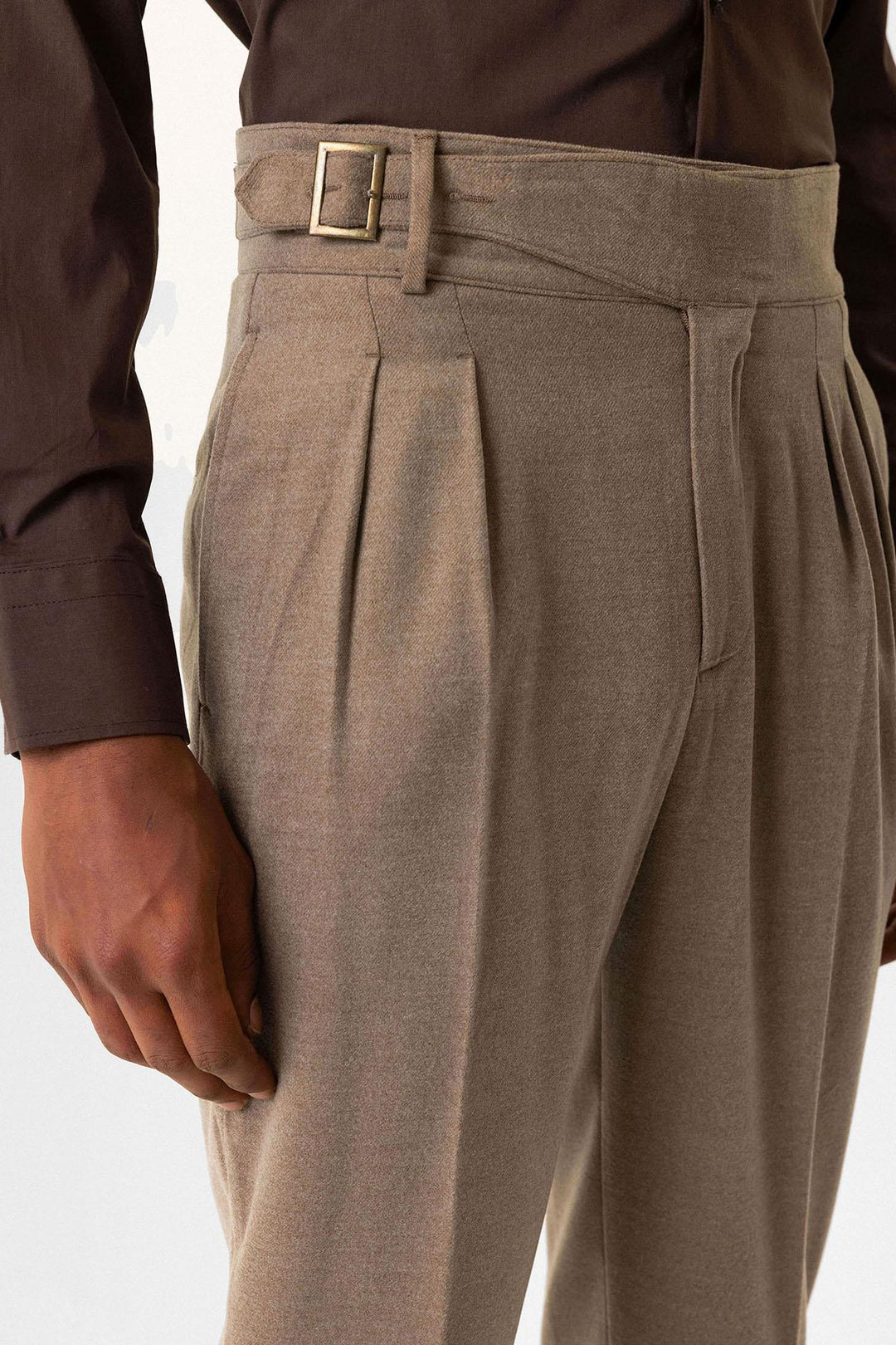 Taupe Pleated Men's Trousers with Buckle Detail - Wessi