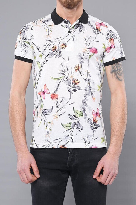 Polo Neck Floral Pattern Yellow T-Shirt - Wessi