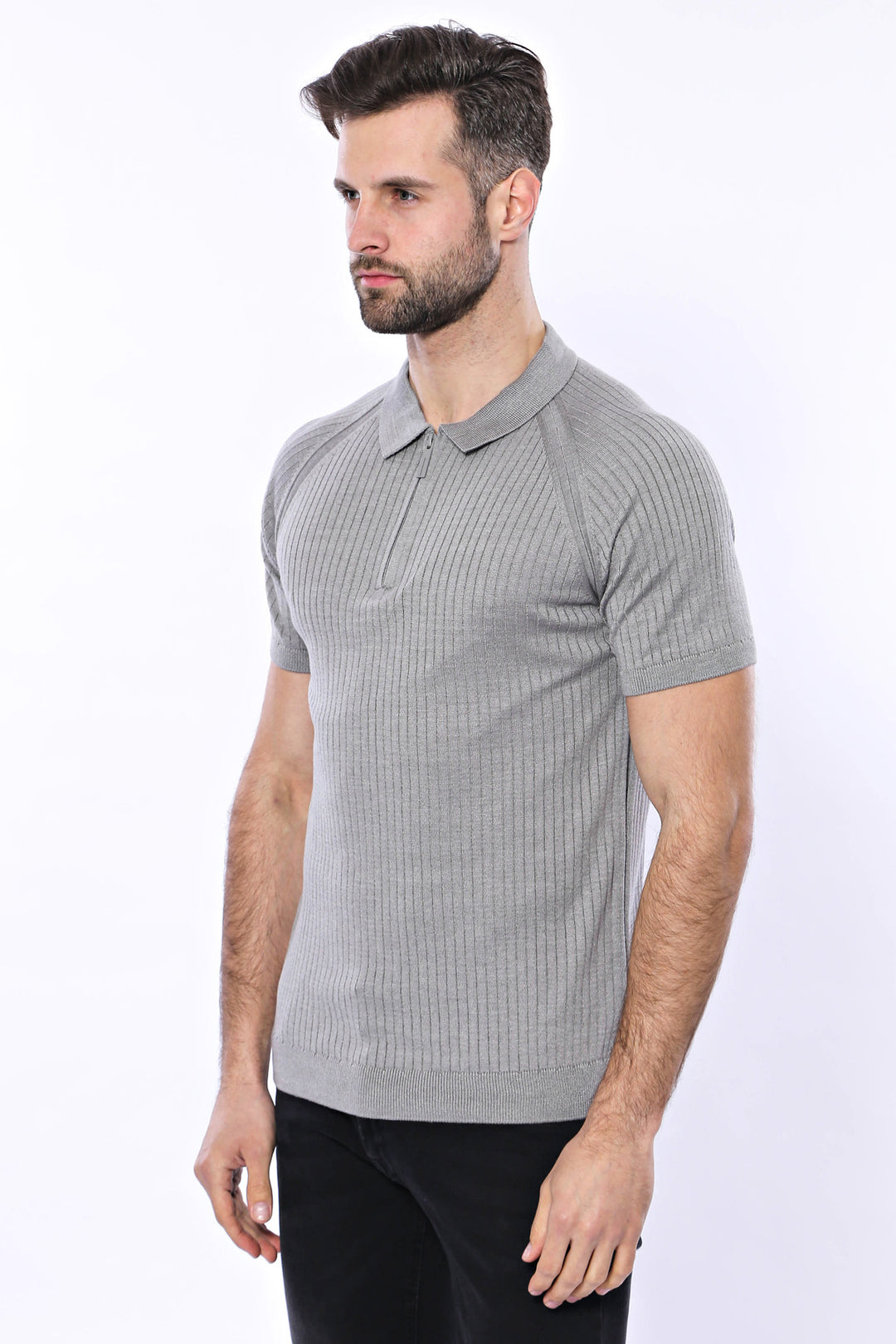 Polo Zippered Patterned Grey Knitted T-Shirt - Wessi