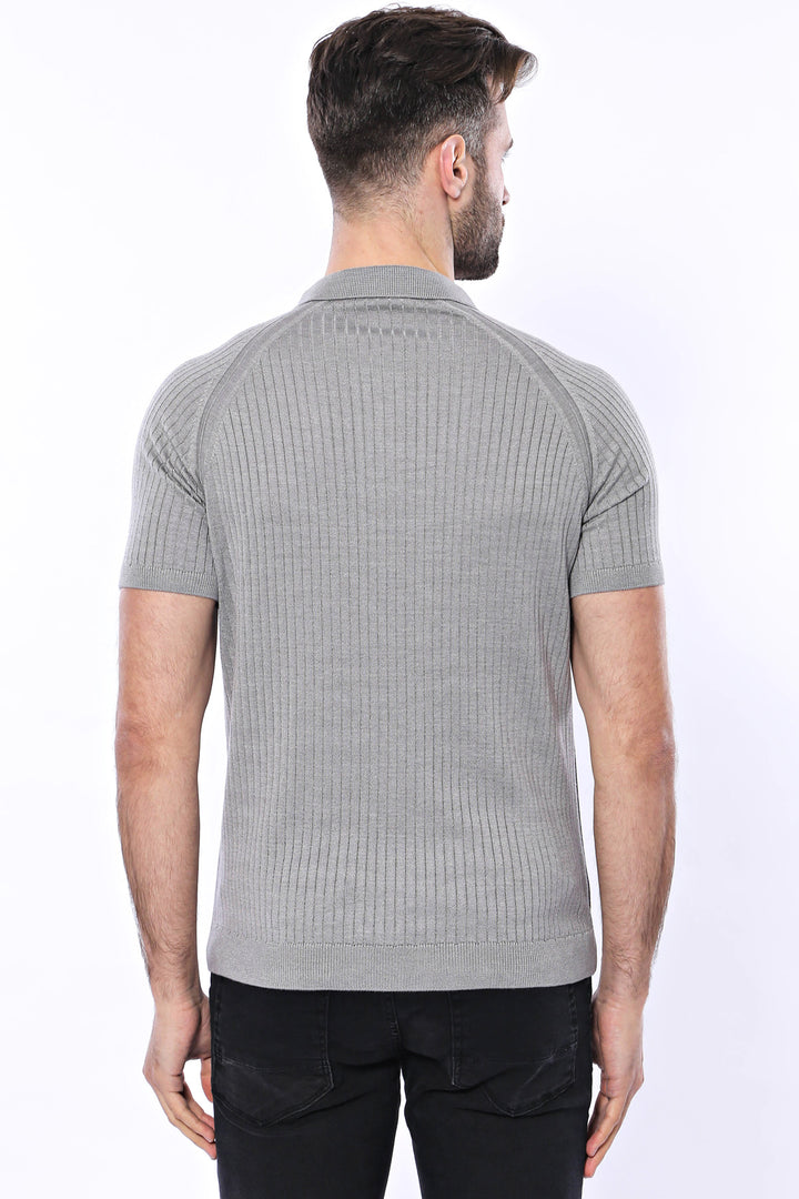 Polo Zippered Patterned Grey Knitted T-Shirt - Wessi