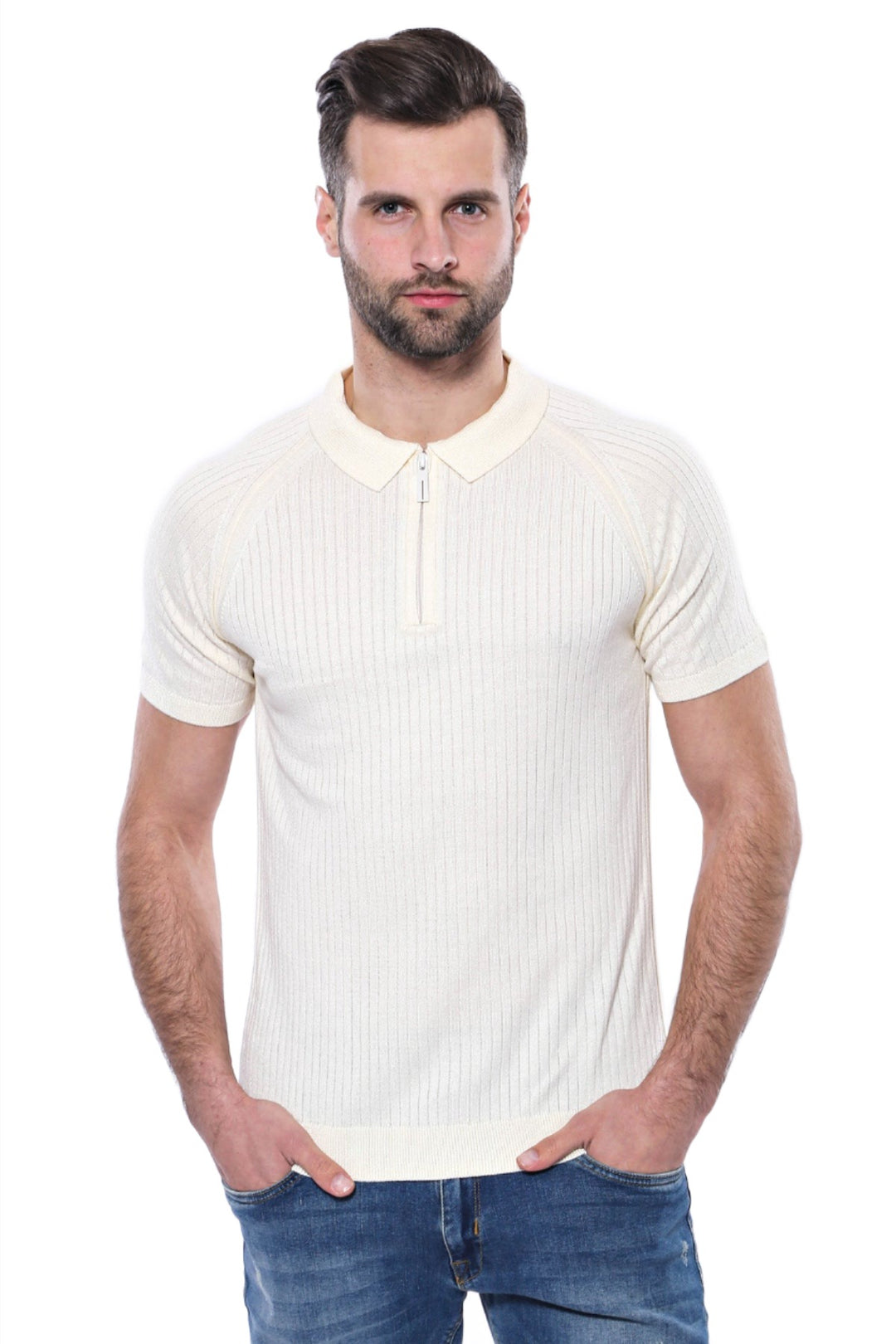 Polo Zippered Patterned Cream Knitted T-Shirt - Wessi