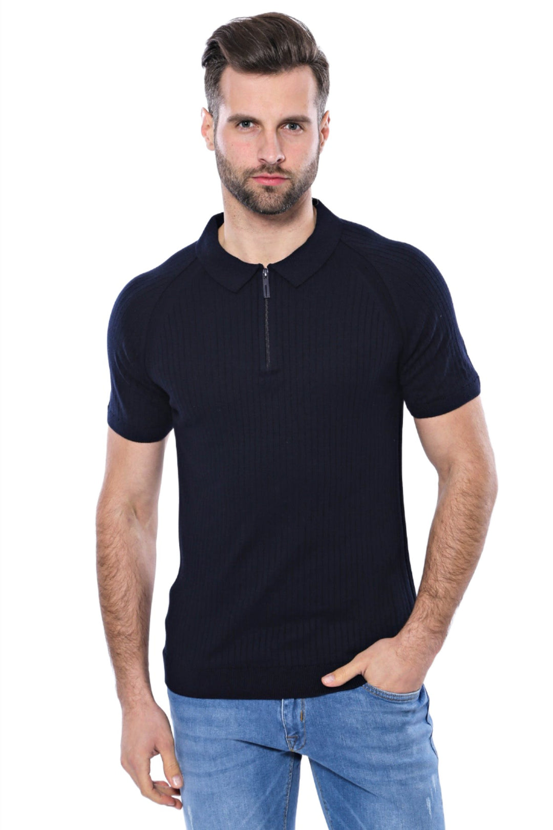 Polo Zippered Patterned Knitted Navy Blue Men T-Shirt - Wessi