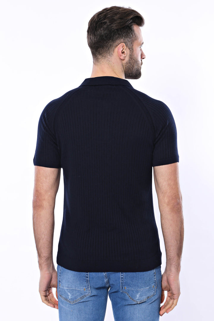 Patterned Tricot Knitted Navy Blue Men T-Shirt - Wessi