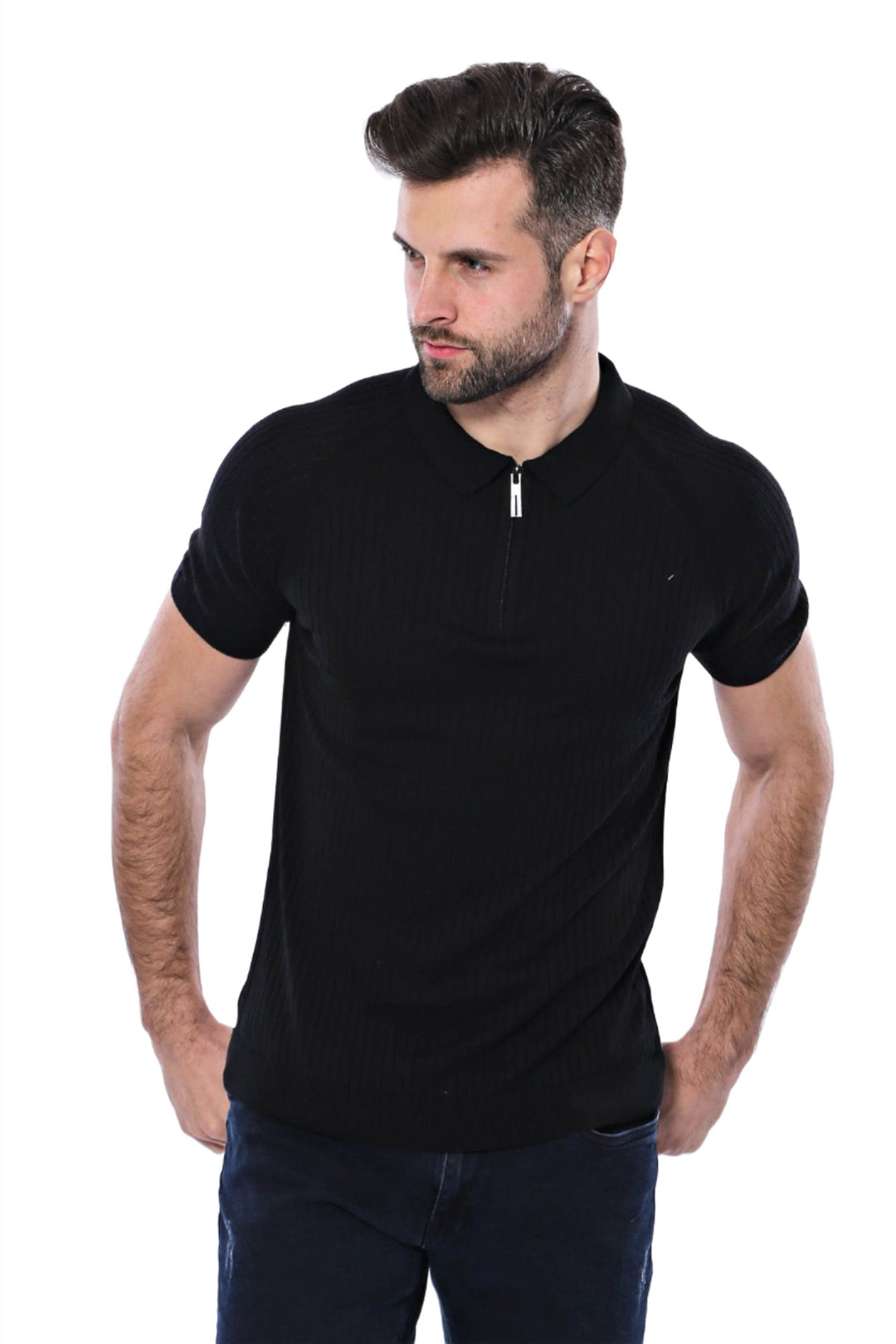 Polo Zippered Patterned Black Knitted T-Shirt - Wessi
