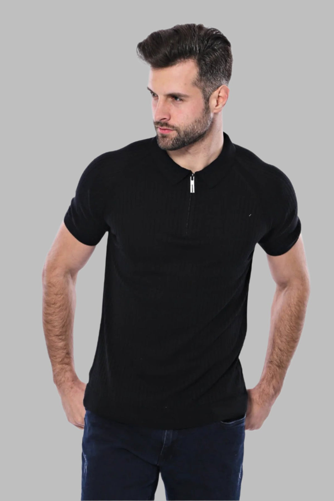 Polo Zippered Patterned Black Knitted T-Shirt - Wessi