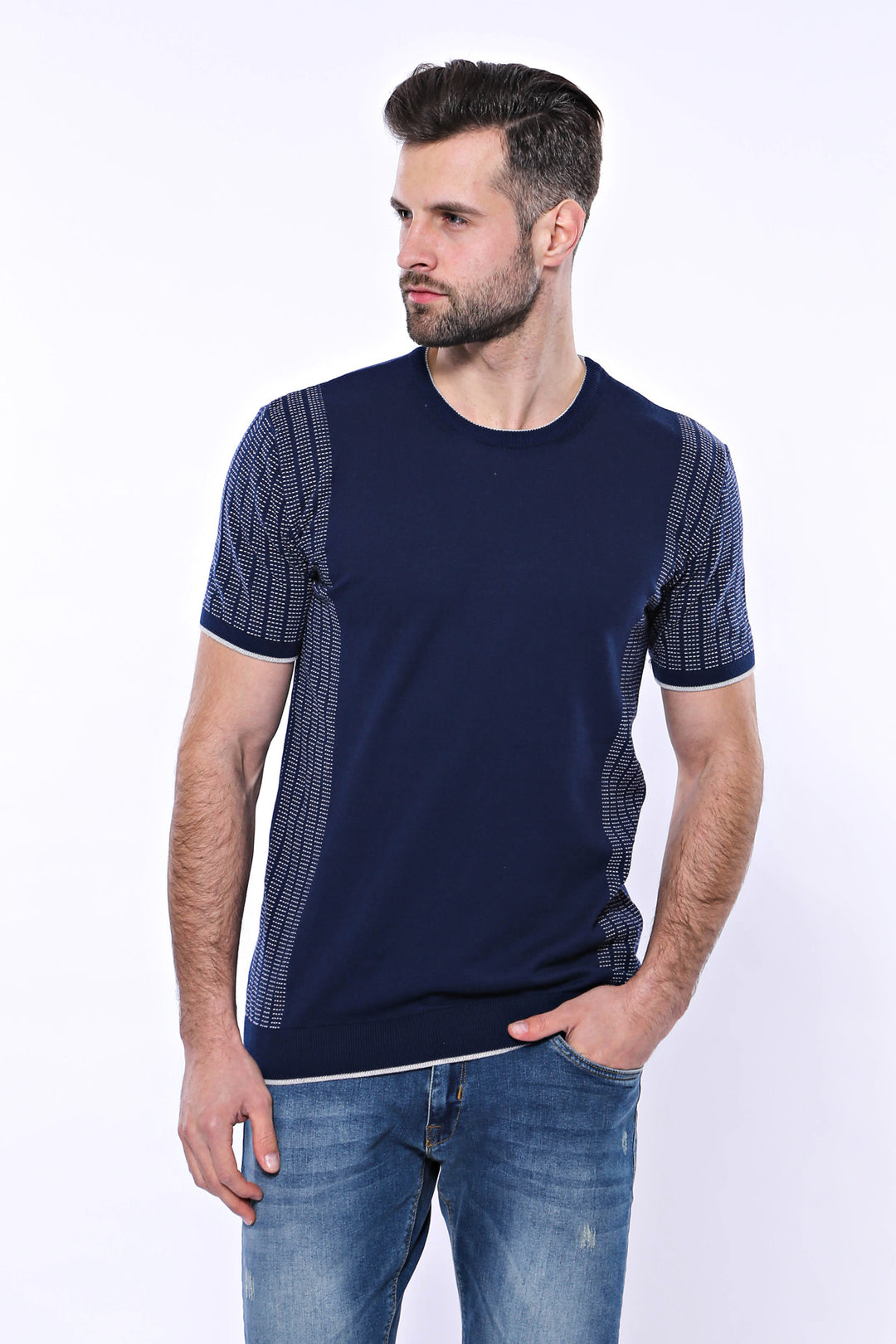 Circle Neck Patterned Navy Knitted T-Shirt - Wessi
