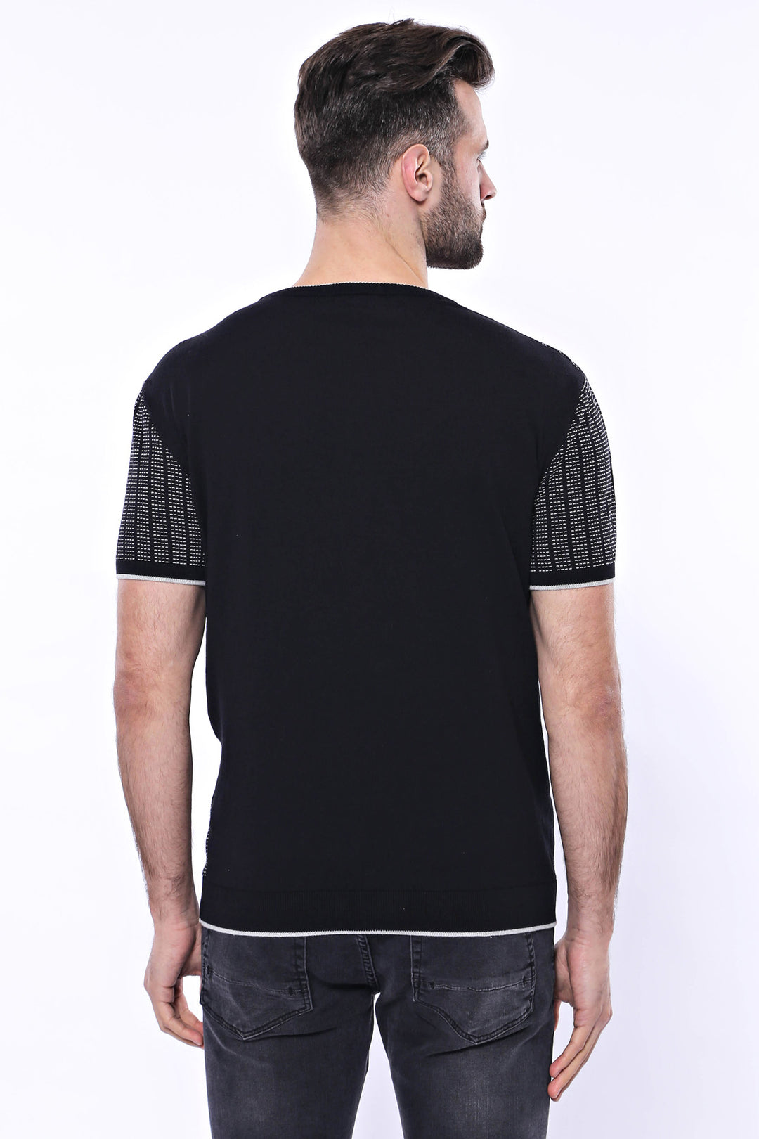 Circle Neck Patterned Black Knitted T-Shirt - Wessi