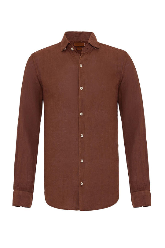 Men's Brown Collar Button Detailed 100% Linen Shirt - Wessi – Wessi