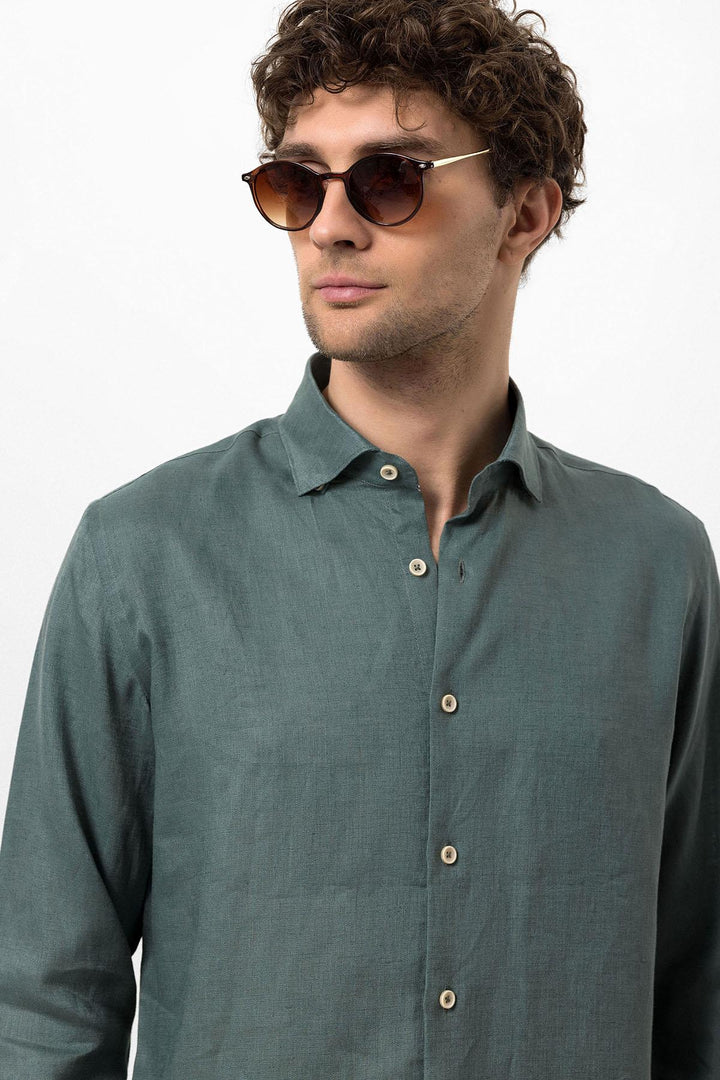 Men's Green Collar Button Detail 100% Linen  Shirt - Wessi