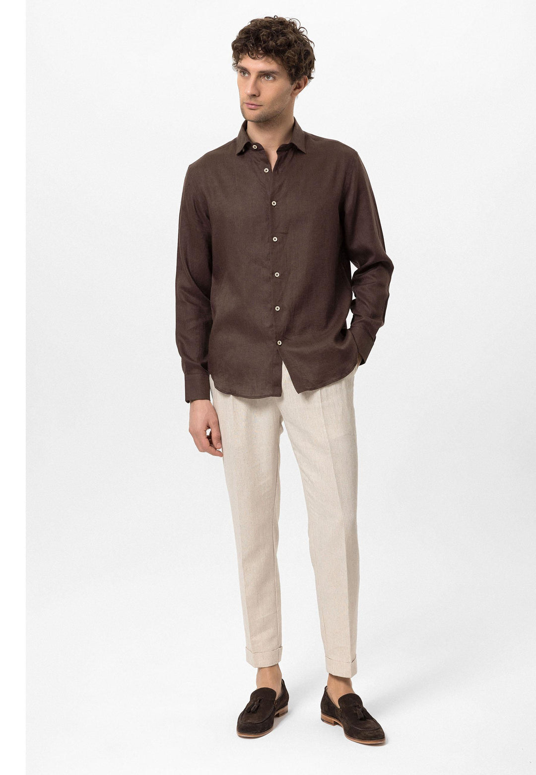 Men's Dark Brown Collar Button Detail 100% Linen  Shirt - Wessi